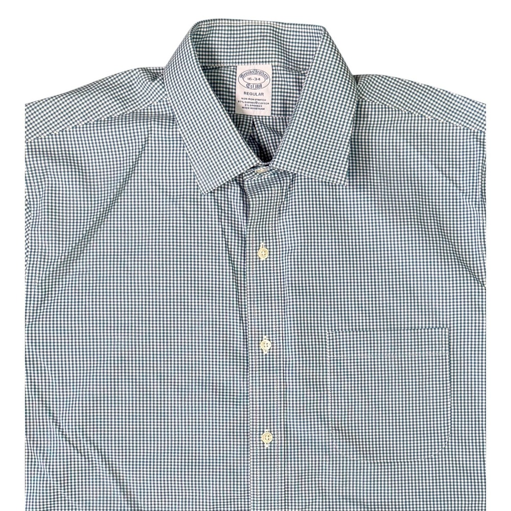 Brooks Brothers Mens 16 34 Regular Fit Non-Iron Stretch Gingham Shirt Teal White